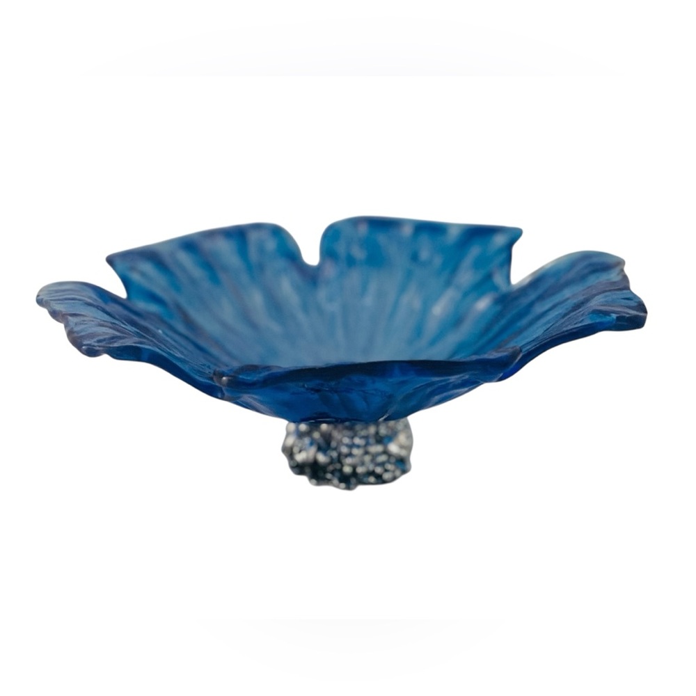 Antica Cristalleria Blue Silver Glassware Free Form Shaped Glass‎ Bowl Italy